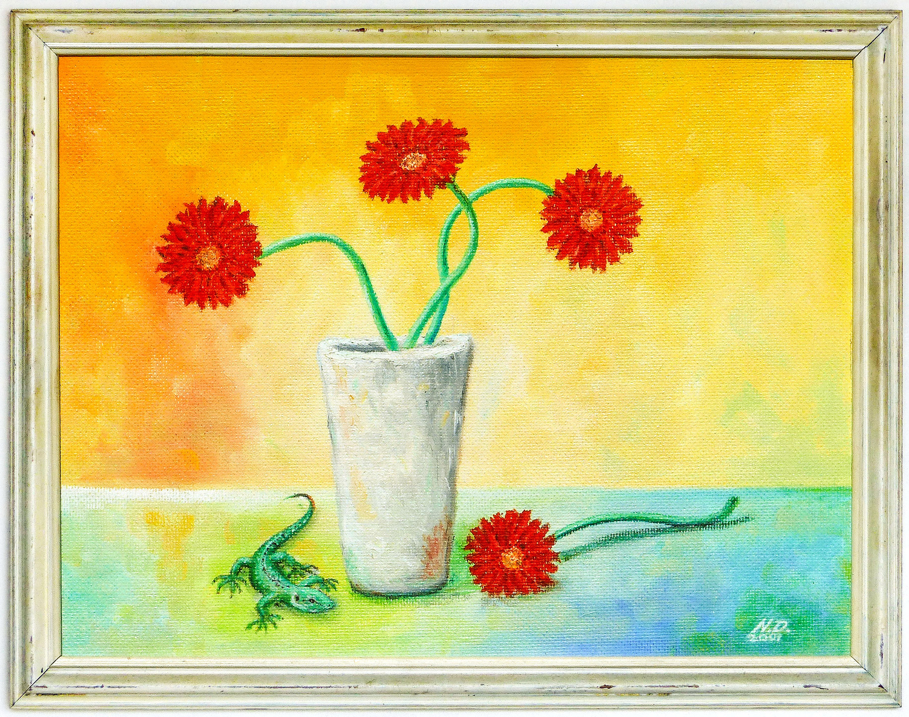 Gerbera mit Eidechse 1 - 40x30 cm - oil on wood 